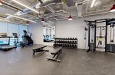 Located at 12322 102 Ave NW, this fitness facility comprises two distinct exercise rooms thoughtfully designed to support a comprehensive workout experience. The space features an industrial-inspired aesthetic, with exposed ductwork and piping along the ceilings, white subway tile accent walls, and durable rubber flooring throughout — all complemented by bold red pendant lighting that adds a striking visual contrast.

The primary exercise room is generously proportioned and flooded with natural light through floor-to-ceiling windows, offering views to the exterior. This area houses a full rack of dumbbells, adjustable weight benches, a cable machine with TRX attachment, a stair climber, and an elliptical trainer. A large wall mirror amplifies the sense of space and supports proper form during training.

A secondary cardio zone features a row of treadmills and additional cardio equipment positioned directly in front of the expansive windows, maximizing natural light and outdoor views during workouts.

A dedicated spin studio rounds out the facility, equipped with stationary cycling bikes and a large wall-mounted flat-screen television set against warm wood panel accents, with a full-length mirror enhancing the room. Together, these spaces offer a versatile, modern fitness environment suited to a wide range of training needs.