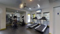 This fitness center is a dedicated, single-floor exercise facility designed to meet a variety of cardio and workout needs. The space features multiple treadmills and elliptical machines positioned to maximize floor space and encourage an energetic workout environment. Large windows line the walls, allowing natural light to fill the room and offering views of the surrounding outdoor area, creating an open and airy atmosphere. A wall-mounted flat-screen television provides entertainment during workouts, while a ceiling fan ensures consistent air circulation throughout the space. Full-length mirrors span an entire wall, visually expanding the room and helping users maintain proper form during exercise. The motivational phrase "Can You? Will You?" is prominently displayed on the mirror, reinforcing an encouraging and goal-oriented atmosphere. The flooring is a durable, dark rubberized material well-suited for high-traffic fitness use. Recessed lighting supplements the natural light from the windows, ensuring the space remains well-lit at all hours. The overall design is clean, functional, and modern, making this fitness center a practical and welcoming amenity for regular use.
