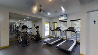 This fitness center is a dedicated, single-floor exercise facility designed to meet a variety of cardio and workout needs. The space features multiple treadmills and elliptical machines positioned to maximize floor space and encourage an energetic workout environment. Large windows line the walls, allowing natural light to fill the room and offering views of the surrounding outdoor area, creating an open and airy atmosphere. A wall-mounted flat-screen television provides entertainment during workouts, while a ceiling fan ensures consistent air circulation throughout the space. Full-length mirrors span an entire wall, visually expanding the room and helping users maintain proper form during exercise. The motivational phrase "Can You? Will You?" is prominently displayed on the mirror, reinforcing an encouraging and goal-oriented atmosphere. The flooring is a durable, dark rubberized material well-suited for high-traffic fitness use. Recessed lighting supplements the natural light from the windows, ensuring the space remains well-lit at all hours. The overall design is clean, functional, and modern, making this fitness center a practical and welcoming amenity for regular use.