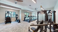Located at 375 Summer Cypress Cove in Longwood, Florida, this single-floor fitness center is a thoughtfully designed amenity space built to support a comprehensive workout experience. The facility is organized into distinct training zones, each purpose-built and generously proportioned.

The cardio zone features a row of treadmills, elliptical trainers, stair climbers, and rowing machines, all arranged to take advantage of large, floor-to-ceiling windows that frame views of the surrounding greenery and flood the space with natural light. Ceiling fans throughout maintain comfortable airflow, complementing the modern LED linear lighting overhead.

The strength training area is equipped with a full dumbbell rack, multiple cable and multi-press machines by Precor, and dedicated bench press stations, with floor-to-ceiling mirrors amplifying the sense of space. A functional training zone offers medicine balls, battle ropes, pull-up rigs, and open floor space for dynamic movement.

A well-appointed utility corridor connects the zones, featuring light hardwood flooring, warm wood-toned built-in cabinetry, a water fountain, a beverage refrigerator, and glass-panel doors for easy access. Textured carpet tiles cover the main workout floor, providing durability and comfort underfoot. The overall design is clean and contemporary, with neutral tones, teal accent details, and abundant outdoor views creating an energizing and inviting atmosphere.