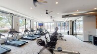 Located on E 116th Street in Fishers, Indiana, this contemporary single-story fitness center offers a well-equipped workout environment designed with both functionality and aesthetics in mind. The space is characterized by expansive floor-to-ceiling windows along the exterior walls, flooding the interior with abundant natural light while providing open views of the surrounding streetscape. Exposed silver ductwork runs overhead, lending an industrial touch that contrasts with the clean white ceilings and recessed lighting. Ceiling fans are distributed throughout, enhancing airflow and comfort during workouts.

The main cardio area features a row of treadmills and elliptical trainers from Spirit and connected brands, all positioned to take advantage of the street-facing windows. Stationary and cycling bikes, including Conquer-branded spin bikes, are arranged nearby on textured, light-toned flooring. A dedicated strength training section houses a full rack of dumbbells displayed on mirrored walls, along with a cable machine and additional resistance equipment.

A separate studio room, enclosed by glass partition walls and accessible through a framed glass door, provides space for group fitness or functional training and is stocked with stability balls and additional accessories. A water fountain is conveniently integrated along one interior wall. Together, these zones create a comprehensive, modern fitness facility suited for a wide range of training needs.