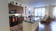 This single-floor residence showcases a thoughtfully designed open-concept layout that seamlessly connects the kitchen and living areas, creating an airy and cohesive living environment. The kitchen is a standout feature, equipped with rich dark wood cabinetry, sleek dark countertops, and black appliances including a range and built-in microwave. A central island with a dark countertop and undermount sink serves as both a functional workspace and a natural gathering point, with pendant lighting suspended above to add warmth and definition to the space. The polished concrete flooring adds an industrial-modern touch, complemented by a bold, colorful area rug that anchors the kitchen zone. The open living area is bathed in natural light streaming through large floor-to-ceiling windows, offering a bright and welcoming atmosphere. Decorative wall accents and carefully placed furnishings lend the space a curated, contemporary feel. The overall ambiance strikes a balance between modern sophistication and comfortable livability, making it an inviting and functional home.