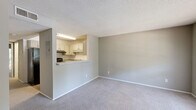 This single-floor, one-bedroom, one-bathroom unit offers a practical and well-organized layout across a compact but efficiently designed floor plan. The living room is finished with neutral-toned carpet and softly painted gray walls, creating a clean and understated aesthetic throughout. A textured ceiling adds subtle character to the main living area, which connects seamlessly to the kitchen via a pass-through window counter — an architectural detail that enhances the sense of openness.

The kitchen features gray lower cabinetry, white upper cabinets, tile mosaic backsplash accents, light countertops, wood-look flooring, and black appliances including a full-size refrigerator. A double basin sink and dishwasher round out the functional workspace.

The bedroom is a comfortable size, offering two sets of bifold closet doors for generous storage capacity. A large window with blinds fills the room with natural light and provides views of surrounding greenery.

The bathroom is cleanly appointed with wood-look flooring, a granite-style vanity countertop, a large mirror, and a full tub-shower combination with a white surround. The overall design maintains a consistent neutral palette throughout, offering a functional and move-in ready living space.
