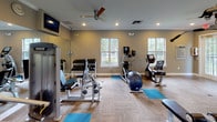 Located at 8134 Colonial Village Dr in Tampa, Florida, this well-equipped fitness center offers a comprehensive workout environment within a single-floor layout. The space features warm, neutral-toned walls complemented by crown molding, recessed lighting, and wood-style flooring throughout, creating a clean and inviting atmosphere.

The cardio section is anchored by a row of treadmills and elliptical trainers positioned along large multi-pane windows, offering pleasant views of the surrounding lush greenery and ample natural light. A ceiling fan overhead provides additional ventilation and comfort during workouts.

The strength training area is thoughtfully outfitted with a multi-station cable machine, a full dumbbell rack with a wall-length mirror, weight benches, and various resistance machines. TRX suspension trainers are mounted from ceiling brackets along one wall, accompanied by instructional exercise charts, making functional training easily accessible.

Additional amenities include a mounted flat-screen television, a wall-mounted AED defibrillator for safety, and a keypad-secured glass door providing direct outdoor access — offering views of what appears to be a pool area. Blue yoga mats are distributed across the floor to accommodate stretching and floor exercises. The space is bright, organized, and designed to support a wide range of fitness activities.