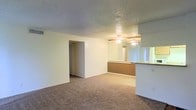 This single-floor residence offers a straightforward and functional layout designed for comfortable everyday living. The main living area is spacious and open, finished with wall-to-wall carpet flooring that adds warmth underfoot. Neutral-toned walls and a textured ceiling contribute to a clean, understated aesthetic throughout the space. A ceiling fan is centrally positioned, providing both lighting and air circulation to the room.

A defining feature of the living area is the partial-height counter that connects it to the kitchen, creating an open pass-through that enhances the sense of flow between the two spaces. The kitchen area is accented by a large mirrored panel, which reflects light and visually expands the room. A window adjacent to the mirror allows natural light to filter into the kitchen zone, brightening the interior.

A doorway off the main living area leads to the remainder of the unit, including additional rooms accessible via a short hallway. The overall layout is compact yet efficient, making good use of the available footprint. The consistent use of neutral tones, carpet, and practical fixtures throughout gives the space a cohesive, move-in-ready character suited to a range of living arrangements.