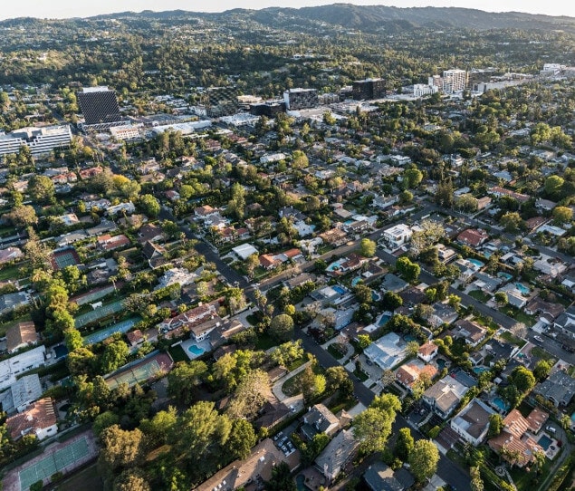 Late afternoon aerial view of Encino