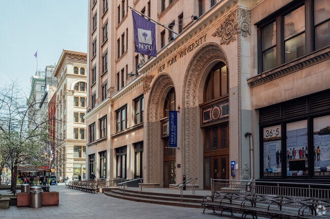 The grand entrance to one of many New York University buildings and facilities.