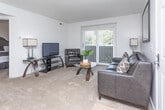 This single-floor residence at 34263 Coastal Dr in Sterling Heights, Michigan, offers a thoughtfully arranged layout across several distinct living areas. The living room serves as a welcoming central space, finished with neutral carpet and bright white walls. A large sliding glass door fitted with vertical blinds draws in natural light and provides views of the surrounding greenery, creating an airy and open atmosphere. A panel-style entry door with a decorative area rug marks the main entrance.

The bedroom is a calm, carpeted retreat with soft neutral tones, a natural window allowing additional daylight, and direct access to a walk-in closet, offering practical storage space. The full bathroom features tile flooring, a tub-shower combination, white cabinetry, and a vanity topped with granite-style countertops and a wide mirror.

The kitchen is equipped with stainless steel appliances, including an electric range and over-the-range microwave, complemented by granite-style countertops and white cabinetry. It opens toward a dining area illuminated by a chandelier pendant light. Notably, a stacked in-unit washer and dryer is conveniently located adjacent to the dining space behind bifold doors, adding everyday functionality to this well-organized home.