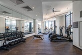 This contemporary fitness center is thoughtfully designed to deliver a premium workout experience. The space is anchored by rich, dark hardwood-style flooring that runs throughout, complementing the clean white walls and modern architectural details including a tray ceiling with recessed lighting and sleek pendant fixtures. A ceiling fan provides additional air circulation, enhancing comfort during workouts.

The cardio zone is well-appointed with multiple elliptical trainers and treadmills from Life Fitness, strategically positioned to take full advantage of the floor-to-ceiling windows that line one side of the room. These expansive windows flood the space with abundant natural light and offer open city views, creating an energizing atmosphere. A dedicated free weights area features a full rack of dumbbells and an adjustable workout bench, supported by large wall-to-wall mirrors that visually expand the space and aid in form correction.

A separate mirrored section serves as a stretching or functional training zone, while additional equipment including cycling machines is also available. The entry area includes a framed art piece and glass door access, adding a polished, welcoming touch. The overall ambiance is sleek, bright, and professional, making this fitness center a standout amenity.