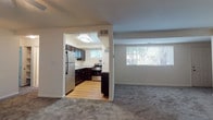 Located at 386 Attenborough Dr in Rosedale, MD, this single-floor residence offers a practical and well-organized layout. The living area is finished with neutral-toned wall-to-wall carpeting and features a wide window that brings in natural light and views of the surrounding greenery, creating a bright and comfortable atmosphere.

Adjacent to the living space, the kitchen is accessible through a wide doorway and is outfitted with dark espresso cabinetry, light stone-patterned countertops, and stainless steel appliances including a refrigerator and range. Light hardwood-style flooring adds warmth to the kitchen, and a window above the counter provides additional natural light.

The bedrooms are carpeted and generously proportioned, each featuring closet storage. One bedroom includes a double-door closet with built-in shelving and hanging rods, while another offers a standard reach-in closet with a hanging rod. Both rooms receive natural light through windows with views of the wooded surroundings.

The bathroom is finished with light ceramic tile flooring and includes a vanity with dark wood cabinetry, a standard tub-shower combination, and a wall mirror. Clean white walls and fixtures throughout contribute to a fresh and move-in-ready presentation across the entire residence.