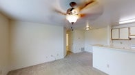 This single-floor space presents a clean, open layout centered around a carpeted living area finished with neutral tones throughout. The room is equipped with a ceiling fan fitted with an integrated light fixture, providing both air circulation and ambient lighting. Smooth white walls and light-colored carpet contribute to a bright, airy atmosphere. A floor vent indicates a centralized HVAC system for climate control. To one side, a partial countertop or breakfast bar is visible, suggesting a nearby kitchen area that flows naturally into the living space. A doorway at the rear of the room leads to an additional area, likely a bathroom or hallway, enhancing the functional connectivity of the floor plan. A secondary ceiling-mounted light fixture is visible toward the back of the room, ensuring consistent illumination throughout. Electrical outlets are positioned along the baseboards, offering practical placement for furnishings and electronics. The overall design is straightforward and functional, with a neutral palette that provides a versatile backdrop for a variety of interior arrangements.