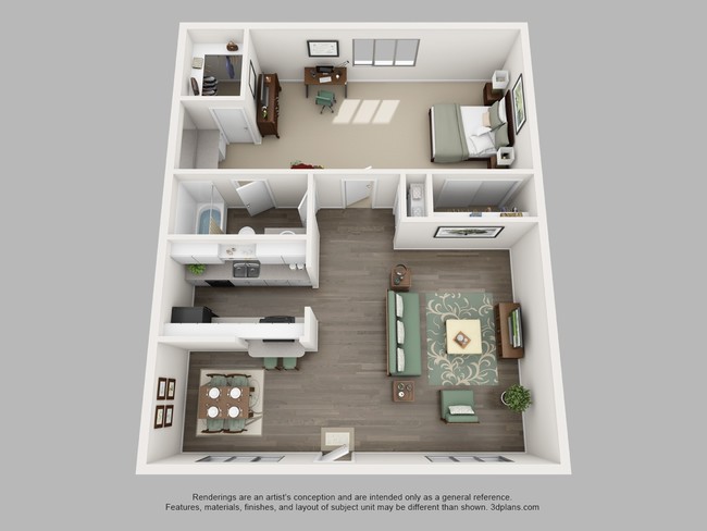 El plano de planta de The Larkspur cuenta con pisos estilo madera, electrodomésticos color negro, armario para ropa blanca, vestidor, alfombras nuevas y ventanas grandes - Gardens on Walnut