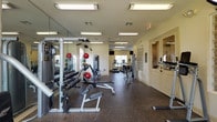 This fitness center offers a comprehensive workout environment designed to accommodate a wide range of exercise needs. The space is organized into distinct functional zones, providing an efficient and comfortable experience for users of all fitness levels.

The cardio area features a row of treadmills, elliptical trainers, and a stationary bike, all positioned along large windows that allow ample natural light to fill the room. Ceiling fans overhead contribute to a well-ventilated atmosphere. Wall-mounted televisions are conveniently placed throughout, enhancing the cardio experience.

The strength training section is equipped with a multi-station cable machine and a variety of selectorized equipment, including a leg press and other resistance machines. A dedicated free weights area includes a full rack of dumbbells and a weight bench, supported by floor-to-ceiling mirrors that aid in form and create a sense of added spaciousness.

A functional training corner houses a tiered rack of medicine balls and stability balls in multiple sizes, ideal for core work and dynamic exercises. The entire facility features durable rubber flooring throughout, ensuring safety and comfort. Entry is provided through glass-paned double doors, and the warm, neutral-toned walls contribute to an inviting and motivating atmosphere.