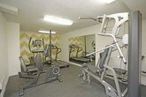This single-floor fitness room offers a functional and well-equipped workout space designed to accommodate a variety of exercise routines. The room features dark rubberized flooring, which provides durability and traction suitable for physical activity. Overhead fluorescent lighting ensures the space is well-lit throughout.

The interior design incorporates a distinctive yellow and white chevron-patterned accent wall, adding a bold visual focal point to the room. Additional walls are painted in a clean white, while a solid yellow accent wall near the entry door contributes to the energetic color scheme. A textured ceiling completes the room's finish.

Equipment includes a multi-function cable weight station, a treadmill, an elliptical trainer, and a recumbent stationary bike, offering options for both strength training and cardiovascular exercise. A large wall-mounted mirror spans one side of the room, visually expanding the space and allowing users to monitor their form during workouts.

The room is accessed through a paneled white door and includes a floor vent for climate control. The overall layout is efficiently organized, maximizing usable floor space while keeping equipment accessible.