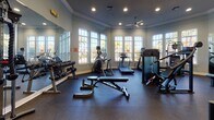 Located at 2042 Arrowgrass Dr in Wesley Chapel, FL, this single-floor fitness center offers a comprehensive workout environment designed to meet a wide range of exercise needs. The space features a clean, open layout finished with durable rubber flooring and soft blue-gray walls accented by crisp white crown molding and arched architectural details that lend an elevated, polished feel.

Large multi-pane windows line the walls, flooding the space with natural light and providing views of the surrounding Florida landscape, including mature palm trees. Ceiling fans mounted above help maintain airflow throughout the facility. Recessed lighting ensures the space remains well-lit at all hours.

The cardio zone is well-appointed with multiple treadmills and an elliptical trainer positioned directly in front of the expansive windows, making workouts more engaging. The strength training area includes a multi-station cable machine by TKO, a variety of selectorized resistance machines, and a full dumbbell rack spanning a wide weight range. A flat utility bench and stair climber round out the equipment selection.

Full-length mirrors are strategically placed along the walls, enhancing the sense of openness while allowing users to monitor their form. A wall-mounted flat-screen television adds convenience for entertainment during workouts. The overall ambiance is bright, clean, and motivating, making this fitness center a well-rounded facility for residents of the Wesley Chapel community.