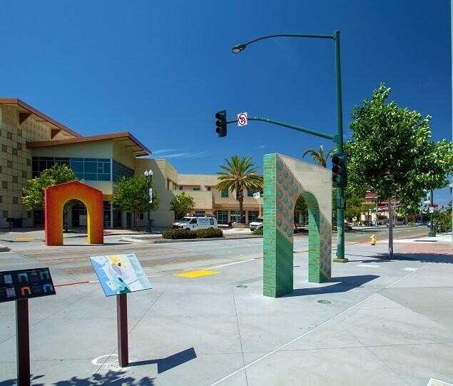 Mosaic arches add a quirky, artistic element to Morgan Square Plaza
