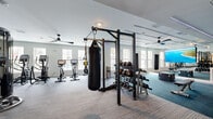 Located at 5885 Lakehurst Dr in Orlando, FL, this expansive single-floor fitness center offers a comprehensive workout environment designed to accommodate a wide range of training styles. The space is divided into distinct functional zones, each thoughtfully outfitted with professional-grade equipment.

The cardio area features a row of treadmills, ellipticals, and cycling bikes, each equipped with individual monitors, positioned along windowed walls that invite abundant natural light throughout the space. Multiple ceiling fans are installed throughout, ensuring comfortable air circulation during workouts.

The strength and functional training zone includes a power rack with a suspended heavy punching bag, TRX suspension trainers, a full dumbbell rack, and an assortment of medicine balls. A cable machine station and additional selectorized strength machines provide versatile resistance training options.

A dedicated performance zone, finished with teal carpet, houses plyo boxes, adjustable benches, and large flat-screen displays mounted alongside floor-to-ceiling mirrors, creating an immersive and motivating training environment. The mirrored walls also enhance the sense of openness throughout this area.

The overall ambiance is modern and energetic, with light-toned textured carpet in the main areas, white walls accented by soft blue-gray tones, and a vibrant tropical mural adding a distinctive Florida-inspired touch to the space.