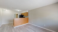 This single-floor unit offers a clean, functional layout with a cohesive design carried throughout by light gray vinyl plank flooring and neutral-toned walls. The open-concept living and dining area flows directly into the kitchen, which is separated by a half-wall peninsula with a warm wood-panel finish. The kitchen is well-equipped, featuring honey-toned oak cabinetry, granite-look countertops, a stainless steel sink, and black appliances including a refrigerator and electric range with overhead ventilation. Ample upper and lower cabinet storage makes the kitchen highly practical. The living area is bright, with a large window fitted with blinds allowing natural light to fill the space, alongside a wall-unit air conditioner for climate control. A sliding glass door with vertical blinds in one room opens to additional natural light. The bedroom is generously sized and leads to a dedicated walk-in closet with built-in shelving, offering excellent storage. The bathroom is neatly appointed with a shower-tub combination, toilet, and consistent flooring that matches the rest of the unit. A hallway connects the main living areas efficiently. Overall, the unit presents a straightforward, well-maintained living environment with practical finishes throughout.