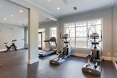 This well-appointed fitness center at Carrington Park in Gainesville, Georgia, offers a comprehensive workout facility spread across a single floor. The space is thoughtfully divided into distinct exercise zones, each designed to support a variety of fitness routines.

The main cardio area features treadmills and elliptical machines positioned in front of large multi-pane windows that allow abundant natural light to pour in, providing views of the surrounding outdoor area. Full-length mirrors line the walls, visually expanding the space and supporting proper form during workouts. A ceiling fan overhead ensures comfortable airflow throughout the room.

A dedicated strength training zone houses a multi-station cable machine and weight equipment, positioned alongside additional mirrored walls that enhance the sense of space. Recessed lighting provides bright, even illumination throughout.

A separate open area serves as a cycling and multi-purpose studio, equipped with a stationary bike, a wall-mounted television, and a water cooler for convenience. French doors in this section open directly to an outdoor pool area, creating a seamless connection between indoor and outdoor amenities.

Throughout the facility, soft gray walls, crown molding, and dark rubberized flooring contribute to a clean, polished aesthetic that balances functionality with a welcoming atmosphere.