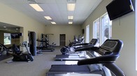 This fitness center offers a clean, functional environment designed to support a comprehensive workout experience. The space is single-level and thoughtfully laid out to accommodate a variety of exercise needs. A row of SportsArt treadmills lines the perimeter, providing ample cardio capacity for users of all fitness levels. Elliptical trainers and additional cardio equipment are positioned throughout the floor, offering variety for cardiovascular training. Toward the back of the room, a multi-station strength training machine provides options for resistance and weight-based workouts, rounding out the facility's offerings. Natural light streams in through large windows along one wall, creating a bright and energizing atmosphere that complements the overhead recessed panel lighting. The neutral-toned walls and carpeted flooring contribute to a clean and focused environment. A wall-mounted television is also present, adding a touch of entertainment for those engaged in longer cardio sessions. The overall layout is open and uncluttered, allowing for easy movement between equipment. This facility is well-suited for individuals seeking a fully equipped space to maintain or improve their physical fitness in a comfortable, well-lit setting.