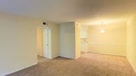 This single-floor residential space offers a practical and functional layout designed for comfortable everyday living. The main living area is finished with wall-to-wall carpeting in a neutral tone, creating a warm and inviting atmosphere throughout. Soft, cream-colored walls provide a clean and versatile backdrop, complementing the overall understated aesthetic of the space.

The open layout allows for a seamless visual connection between the living area and the adjacent kitchen, which is outfitted with white cabinetry and a decorative pendant light fixture overhead, adding a subtle design accent to the space. The kitchen's light-toned flooring contrasts gently with the carpeted living area, helping to define each zone naturally.

A central partial wall divides the living space, offering a sense of structure while maintaining the open feel of the floor plan. Doorways visible from the main area provide access to additional rooms, suggesting a well-organized and connected interior layout. HVAC vents positioned in the ceiling indicate a centralized climate control system, contributing to year-round comfort.

Overall, this space presents a clean, move-in-ready environment with a neutral palette and a straightforward layout that offers flexibility for a variety of furnishing and living arrangements.