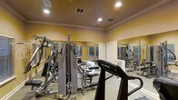 This single-floor fitness center is designed to support a comprehensive workout experience. The space is outfitted with a robust selection of exercise equipment, including multi-station strength machines and cardio equipment such as a TrueForm treadmill, catering to a wide range of fitness routines. Large floor-to-ceiling mirrors line one wall, visually expanding the room and allowing users to monitor their form during exercise. The interior features warm golden-toned walls that create an energizing atmosphere, complemented by elegant crown molding that adds a refined architectural touch. Recessed ceiling lights provide bright, even illumination throughout the space, ensuring excellent visibility at all hours. Carpeted flooring runs throughout the room, offering comfort underfoot around the equipment areas. Ventilation is well-considered, with ceiling vents positioned to maintain comfortable air circulation during workouts. Natural light filters in through windows visible in the background, contributing to an open and inviting ambiance. The layout is thoughtfully arranged to allow ease of movement between stations, making the most of the available floor space. Overall, this fitness center balances functionality with a polished aesthetic, making it a practical and welcoming environment for regular exercise.