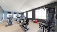This single-floor fitness center offers a clean, functional layout designed to accommodate a variety of workout routines. The space is finished with neutral carpeting and features a sloped ceiling with recessed lighting, creating a bright and open atmosphere. The walls are painted in a two-tone scheme, with a soft blue accent on one side and a bold dark charcoal on the other, lending the space a contemporary, motivating aesthetic.

Large windows fitted with white horizontal blinds line the darker accent wall, allowing ample natural light to fill the room while maintaining privacy. The cardio section is well-appointed, featuring multiple treadmills, elliptical machines, and a recumbent stationary bike from True Fitness. A wall-mounted flat-screen television is positioned for easy viewing during workouts.

The space also includes a dedicated stretching and functional training area, complete with stability and medicine balls for core and balance exercises. A cable strength machine is positioned near the entrance, rounding out the equipment offerings. Rubber floor mats beneath the machines provide stability and protect the flooring, contributing to a safe and organized training environment.