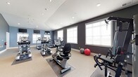 This single-floor fitness center offers a clean, functional layout designed to accommodate a variety of workout routines. The space is finished with neutral carpeting and features a sloped ceiling with recessed lighting, creating a bright and open atmosphere. The walls are painted in a two-tone scheme, with a soft blue accent on one side and a bold dark charcoal on the other, lending the space a contemporary, motivating aesthetic.

Large windows fitted with white horizontal blinds line the darker accent wall, allowing ample natural light to fill the room while maintaining privacy. The cardio section is well-appointed, featuring multiple treadmills, elliptical machines, and a recumbent stationary bike from True Fitness. A wall-mounted flat-screen television is positioned for easy viewing during workouts.

The space also includes a dedicated stretching and functional training area, complete with stability and medicine balls for core and balance exercises. A cable strength machine is positioned near the entrance, rounding out the equipment offerings. Rubber floor mats beneath the machines provide stability and protect the flooring, contributing to a safe and organized training environment.