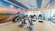 Located at 2480 Cherry Laurel Dr in Sanford, Florida, this well-appointed fitness center is designed to offer a comprehensive workout experience in a bright, contemporary setting. The space is anchored by a dramatic full-wall landscape mural depicting a sweeping sunset over an open road, creating an energizing and visually engaging atmosphere for exercise.

The cardio zone is generously equipped with multiple treadmills, cycling bikes, and a StairMaster, all positioned along a full bank of floor-to-ceiling windows that flood the space with natural light and provide views of the outdoor pool area and surrounding grounds. The open layout ensures ample room between equipment for comfortable use.

A dedicated area houses a row of elliptical cross-trainers, separated by sleek glass partition walls with black steel framing that lend a modern, polished aesthetic. Adjacent to this zone, a functional training area offers a well-stocked rack of medicine balls, stability balls of varying sizes, and a full set of dumbbells, catering to strength and flexibility training needs.

Design details throughout include tray ceilings with bold teal accents, recessed lighting, a ceiling fan for air circulation, and neutral-toned carpet flooring. A mirrored wall expands the sense of space in the stretching and free-weight area. The overall ambiance is clean, modern, and motivating, making this fitness center a standout amenity.
