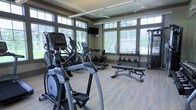 This fitness center is designed to support a comprehensive workout experience within a bright and welcoming environment. Large multi-pane windows line the walls, flooding the space with abundant natural light and offering views of the surrounding greenery, creating an energizing atmosphere for exercise. Ceiling fans are installed overhead to maintain airflow and comfort throughout the room.

The cardio section is well-appointed, featuring multiple elliptical trainers and treadmills, each equipped with individual digital displays for tracking workout metrics. A wall-mounted flat-screen television is positioned for easy viewing during cardio sessions. The strength and free weight area includes a rack of kettlebells in varied weights, a flat utility bench, and a multi-function cable/weight machine, providing versatility for a range of resistance training exercises.

Light hardwood-style flooring runs throughout the space, contributing to a clean and modern aesthetic while remaining practical for fitness use. The overall layout is thoughtfully organized to allow comfortable movement between equipment. The combination of ample natural light, modern equipment, and an open, airy design makes this fitness center a functional and inviting space for daily use.