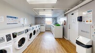Located at 383 Albert St in Waterloo, Ontario, this shared laundry facility offers a clean, functional, and well-organized space designed to accommodate multiple users efficiently. The single-floor layout makes practical use of its footprint, with equipment lining both sides of the room to maximize accessibility and flow.

The facility houses a substantial number of front-loading washing machines and top-loading dryers arranged in parallel rows along each wall, providing ample capacity for building residents. The machines appear to be modern commercial-grade units with digital controls. A central aisle of warm-toned wood-look flooring runs the length of the room, keeping the space open and easy to navigate.

Lighting is provided by overhead fluorescent fixtures and supplemented by a window at the far end of the room, allowing natural light to enter. The walls are finished in a neutral light grey, contributing to a clean and bright atmosphere. Exposed utility pipes and ductwork run along the ceiling, reflecting the room's practical, utilitarian design.

Additional features include a utility panel area, fire safety equipment, a paper towel dispenser, and posted informational signage. A secondary door provides an additional exit point, supporting safe circulation throughout the space.