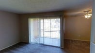 This single-story space features a living area characterized by its functional and straightforward layout. The room is finished with wall-to-wall carpeting in a neutral tone, providing a comfortable underfoot feel throughout. A prominent set of sliding glass doors serves as the focal point of the space, fitted with white vertical blinds that allow for adjustable light control. These doors open to an outdoor area, where views of surrounding greenery and neighboring structures are visible, bringing a sense of connection to the outside environment. Natural light filters through the large glass panels, brightening the interior during daytime hours. The walls are painted in a warm, earthy beige tone, contributing to a neutral and versatile atmosphere. The ceiling features a textured finish, a common characteristic of residential construction, adding subtle visual interest overhead. The overall layout appears open and unobstructed, offering a blank canvas adaptable to various furniture arrangements and personal styles. The combination of natural light from the sliding doors, neutral tones, and carpeted floors creates a modest, comfortable living environment suitable for everyday use.