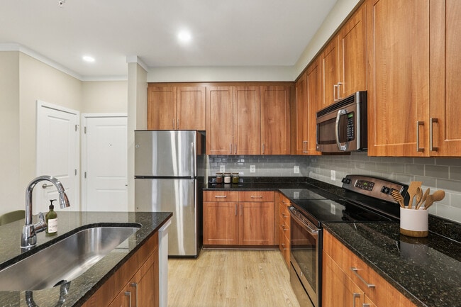 Renovated Package I kitchen with stainless steel appliances, oak cabinetry, grey tile backsplash, black granite countertops, and updated hard surface flooring and lighting - Avalon Falls Church