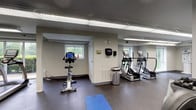 This fitness center offers a comprehensive workout environment housed within a single-floor facility. The space is laid out along an elongated floor plan, providing ample room for a variety of exercise activities without feeling crowded. Durable rubber flooring spans the entire area, offering both safety and comfort underfoot.

The cardio zone is well-stocked with True-brand elliptical trainers and treadmills, as well as a stationary cycling machine equipped with a digital display console. Strength training is supported by a dedicated free weights area featuring a multi-tiered dumbbell rack with a full range of weights, an adjustable workout bench, and additional resistance equipment. A blue exercise mat is available for stretching and floor exercises.

Bright fluorescent lighting runs the length of the ceiling, ensuring consistent, well-lit conditions throughout. Multiple windows line the walls, inviting natural light and offering pleasant views of the surrounding green landscape. A glass door at one end provides direct outdoor access. The neutral, light-toned walls contribute to an open and clean aesthetic throughout.

Additional conveniences include wall-mounted dispensers, a waste receptacle, and coat hooks near the entrance. The overall ambiance is functional and tidy, making this fitness center a practical and inviting space for daily exercise routines.