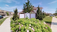 The Falcon Glen community entrance sign serves as a prominent and welcoming landmark at the gateway to this residential neighborhood. The sign itself is a well-crafted structure featuring the Falcon Glen name and logo prominently displayed, accompanied by a detailed community map and a numbered directory listing street addresses and road names for easy navigation. The sign is framed by decorative posts that complement the architectural style of the surrounding homes. Lush, mature landscaping enhances the visual appeal of the entrance, with a generous planting of flowering shrubs bursting with soft pink blooms in the foreground. Tall, columnar evergreen trees flank the sign, providing vertical structure and year-round greenery, while a large deciduous tree rises prominently behind, offering shade and a sense of established maturity. In the background, a residential home with a classic pitched roof and traditional architectural detailing is visible, reflecting the character of the broader community. The overall ambiance is one of a well-maintained, thoughtfully planned neighborhood that takes pride in its curb appeal and community identity. On a clear, sunny day, the vibrant colors of the flowers and foliage create an inviting and attractive first impression for residents and visitors alike.