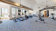 Located in Goodyear, Arizona, this well-appointed fitness center offers a comprehensive workout environment within a generously sized, single-floor space. The room features soaring vaulted ceilings with warm wood beam accents, recessed lighting, and pendant-style ceiling fans that contribute to a bright, airy atmosphere. Large windows line one wall, flooding the interior with natural light and framing views of swaying palm trees and the surrounding Arizona landscape.

The flooring throughout is a durable, patterned carpet tile in a blue-grey tone, providing both comfort and functionality underfoot. The cardio zone is well-stocked with modern treadmills, elliptical machines, stair climbers, and a stationary bike, each equipped with individual screens for entertainment. A dedicated strength training area houses a full array of selectorized resistance machines targeting various muscle groups, while a separate functional training zone includes a multi-station rig, kettlebells, medicine balls, battle ropes, a punching bag, and balance tools. A dumbbell rack rounds out the free weights section. Decorative stone-clad columns add a rustic, Southwest-inspired aesthetic touch, and mirrored walls enhance the sense of space throughout this comprehensive fitness facility.