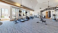 Located in Goodyear, Arizona, this well-appointed fitness center offers a comprehensive workout environment within a generously sized, single-floor space. The room features soaring vaulted ceilings with warm wood beam accents, recessed lighting, and pendant-style ceiling fans that contribute to a bright, airy atmosphere. Large windows line one wall, flooding the interior with natural light and framing views of swaying palm trees and the surrounding Arizona landscape.

The flooring throughout is a durable, patterned carpet tile in a blue-grey tone, providing both comfort and functionality underfoot. The cardio zone is well-stocked with modern treadmills, elliptical machines, stair climbers, and a stationary bike, each equipped with individual screens for entertainment. A dedicated strength training area houses a full array of selectorized resistance machines targeting various muscle groups, while a separate functional training zone includes a multi-station rig, kettlebells, medicine balls, battle ropes, a punching bag, and balance tools. A dumbbell rack rounds out the free weights section. Decorative stone-clad columns add a rustic, Southwest-inspired aesthetic touch, and mirrored walls enhance the sense of space throughout this comprehensive fitness facility.