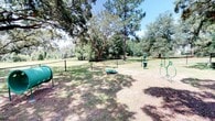 Located in Pensacola, this outdoor dog park offers a well-maintained, fenced recreational area designed for dogs and their owners. The space is enclosed by a green chain-link fence, ensuring a secure environment where pets can roam and play freely. The grounds are covered with a natural mix of grass and packed earth, providing ample room for exercise and exploration. Several pieces of green-painted agility and play equipment are distributed throughout the area, including a tunnel, a low platform, and a hoop frame, encouraging active engagement for dogs of varying sizes. A waste station with a green trash receptacle is conveniently positioned within the park, promoting cleanliness and responsible pet ownership. The park benefits from generous natural shade provided by a canopy of mature trees, including towering pines and broad oaks, creating a comfortable environment even on sunny days. The lush tree line along the perimeter adds a sense of privacy and a natural backdrop to the space. Overall, the park presents a well-organized and thoughtfully equipped outdoor environment that caters to the needs of both dogs and their owners in the Pensacola area.