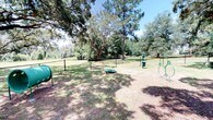 Located in Pensacola, this outdoor dog park offers a well-maintained, fenced recreational area designed for dogs and their owners. The space is enclosed by a green chain-link fence, ensuring a secure environment where pets can roam and play freely. The grounds are covered with a natural mix of grass and packed earth, providing ample room for exercise and exploration. Several pieces of green-painted agility and play equipment are distributed throughout the area, including a tunnel, a low platform, and a hoop frame, encouraging active engagement for dogs of varying sizes. A waste station with a green trash receptacle is conveniently positioned within the park, promoting cleanliness and responsible pet ownership. The park benefits from generous natural shade provided by a canopy of mature trees, including towering pines and broad oaks, creating a comfortable environment even on sunny days. The lush tree line along the perimeter adds a sense of privacy and a natural backdrop to the space. Overall, the park presents a well-organized and thoughtfully equipped outdoor environment that caters to the needs of both dogs and their owners in the Pensacola area.