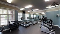 Located at 8400 Brass Mill Ln in Raleigh, NC, this well-appointed fitness center offers a comprehensive workout environment designed to support a range of exercise routines. The space is outfitted with a row of treadmills positioned along the perimeter, providing ample cardio options for residents. A dedicated free weights section includes a full rack of dumbbells, catering to strength training needs. Full-length mirrored walls line one side of the room, enhancing the sense of space while allowing users to monitor their form during workouts. The interior features crown molding and teal-toned accent walls, lending the space a polished and welcoming aesthetic. Multiple windows fitted with white shutters allow generous natural light to fill the room, complementing the overhead recessed and flush-mount lighting fixtures. A ceiling fan ensures steady air circulation throughout. The dark rubberized flooring provides both safety and durability underfoot. A wall-mounted television is also present, offering entertainment during workouts. The overall ambiance is clean, functional, and well-maintained, making this fitness center a practical and comfortable amenity.