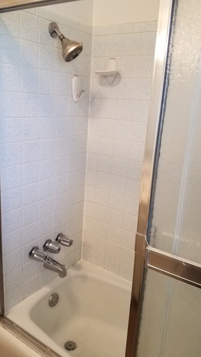 Bañera con ducha integrada y puertas de ducha de cristal. - 406 Gayclifee Terrace