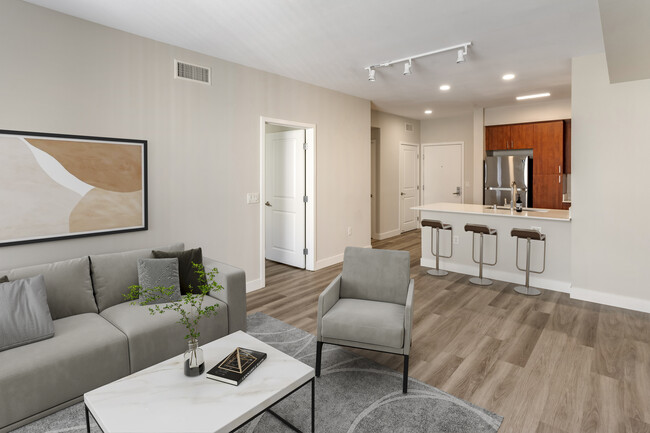 Renovated Package I kitchen, living and dining areas with hard surface flooring - Avalon Union City