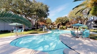 Located at 2000 Bay Area Blvd in Houston's Clear Lake area, this single-floor leasing office for The Cove Apartments serves as a welcoming hub for prospective and current residents. The space opens into a bright reception area featuring a teal-accented welcome counter, modern seating, and rich hardwood-style flooring that flows throughout. Large windows dressed with horizontal blinds bathe the interior in abundant natural light, creating an open and airy atmosphere. The main common area is generously proportioned, offering a versatile layout with a dining-style table and seating arrangement alongside workstation areas — ideal for consultations and resident interactions. A textured ceiling adds character overhead, while neutral gray walls provide a clean, professional backdrop. A private office, separated by interior windows, provides a dedicated workspace for leasing staff and features a full desk setup and storage cabinetry. Outside, the grounds reveal a standout resort-style pool with a sweeping freeform design, surrounded by mature trees, lush landscaping, lounge seating, and shaded umbrella areas — reflecting the broader community's inviting outdoor lifestyle.