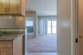 This single-floor residence offers a functional and well-organized layout that connects key living areas in a straightforward, accessible design. The galley-style kitchen is efficiently arranged with warm wood cabinetry lining both sides, granite-look countertops, a stainless steel sink, and overhead fluorescent lighting. A full suite of appliances, including a refrigerator and electric range, is neatly incorporated. The kitchen flows naturally into the open living area, which is finished with plush carpeting and neutral gray walls. A half-wall counter separates the kitchen from the living space, enhancing the open feel. The living room is anchored by a large sliding glass door that leads to a private balcony, offering outdoor views and abundant natural light. A baseboard heating system runs along the perimeter of the living area. The bedroom features generous carpeting, a wide window with vertical blinds that allows ample natural light, a baseboard heater, and a sliding-door closet with built-in rod storage. The bathroom is fitted with tile flooring, a wood vanity with a white countertop, a wall mirror with vanity lighting above, and a towel bar. The textured ceilings throughout and consistent neutral-toned walls lend the space a cohesive, understated aesthetic.