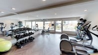This single-floor fitness center offers a thoughtfully designed workout environment that balances functionality with a bright, welcoming aesthetic. The space is finished with stylish herringbone-patterned hardwood-style flooring throughout, lending a clean and contemporary feel underfoot.

The cardio zone features multiple treadmills and an elliptical trainer, positioned alongside a soft teal accent wall with a wall-mounted flat-screen TV — ideal for staying entertained during workouts. A dedicated strength and free weights area includes a full dumbbell rack and a multi-station cable machine, complemented by floor-to-ceiling mirrors that amplify the sense of space and support proper form.

Natural light pours in through large windows and a glass-paneled door that opens to a landscaped outdoor area, providing pleasant views of greenery, palm trees, and modern fencing. A wall-mounted mini-split HVAC unit ensures year-round climate comfort. Additional amenities include a medicine ball rack, kettlebells, and a stretch mat area for functional and flexibility training.

Recessed lighting throughout ensures consistent, well-lit conditions during any hour. The overall ambiance is clean, modern, and energizing — a fully functional facility designed to support a wide range of fitness goals.