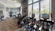 This fitness center is designed to support a comprehensive workout experience across a spacious, single-level layout. The interior is finished with cool blue-gray walls, neutral carpet tile flooring in a patterned layout, and elevated ceilings that lend an open, airy feel throughout the space. Large windows line the walls, flooding the area with abundant natural light and offering views of the surrounding greenery, creating an inviting environment for exercise.

The cardio zone features a row of StairMaster steppers, ellipticals, and treadmills positioned to take advantage of the natural light and window views. Multiple flat-screen televisions are mounted throughout the space for entertainment during workouts. A dedicated strength and free weight area includes a full dumbbell rack with benches and a floor-to-ceiling mirror that enhances the sense of depth in the room. A functional training section accommodates a cable machine and specialty equipment, including weighted tires for strength conditioning.

Black-framed glass doors connect the fitness area to an adjacent lounge space, providing a seamless transition between active and social zones. Motivational signage and thoughtful layout details contribute to an energetic yet focused atmosphere throughout the facility.