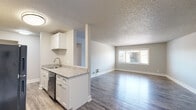 Located at 250 N Murray Blvd in Colorado Springs, CO, this single-floor unit offers a well-planned layout with updated finishes throughout. The open-concept living and kitchen area forms the heart of the space, where wood-look luxury vinyl flooring extends across the main living zone, reflecting natural light that enters through a large front-facing window with blinds.

The kitchen is thoughtfully designed with white shaker-style cabinetry, granite countertops, a stainless steel sink, a stainless steel dishwasher, and a full-size refrigerator. Ample upper and lower cabinet storage provides practical functionality, while a pass-through or peninsula element visually connects the kitchen to the open living area. A textured popcorn ceiling is consistent throughout the main living spaces.

The bedroom features plush wall-to-wall carpeting, a window allowing natural light, and a notable double closet configuration offering generous built-in storage with hanging rods. The bathroom is clean and straightforward, featuring a full tub-shower combo with white surround, a toilet, and wood-look flooring that complements the rest of the unit.

Overall, the space presents a neutral, move-in-ready aesthetic with a cohesive color palette of soft grays and whites, creating a bright and functional living environment.