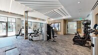 Located in Walnut Creek, CA, this well-appointed fitness center offers a comprehensive workout environment spread across a single, generously sized floor. The space is defined by its contemporary architectural design, featuring a striking geometric ceiling with linear LED lighting elements and clean white slatted panels that lend a sophisticated, modern aesthetic throughout.

The main workout floor is covered in durable, textured carpet tile and is divided into distinct functional zones. A dedicated cardio area lines one wall, equipped with treadmills, ellipticals, stair climbers, and additional cardio machines, all bathed in natural light streaming through large floor-to-ceiling windows that frame views of surrounding greenery. Full-length mirrors amplify the sense of space and light in this zone.

The strength training area features a robust selection of cable machines, adjustable benches, a multi-station weight machine, and a comprehensive dumbbell rack displayed on warm wood shelving beneath a wall-mounted television. A separate, open studio space includes TRX suspension straps, a Reflect interactive mirror, and a wall-length mirror with ballet barre, making it ideal for stretching, functional training, or group fitness. Warm wood accents and frosted glass partitions complement the space's polished, upscale atmosphere.
