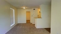 This single-floor residence offers a practical and comfortable layout designed for everyday living. The main living area is spacious and open, featuring wall-to-wall carpeting that adds warmth underfoot. Large windows allow natural light to filter in, brightening the neutral-toned walls and creating an inviting atmosphere throughout the space.

A half-wall pass-through connects the living area to the kitchen, providing an open sightline that enhances the sense of connectivity between the two spaces. The kitchen is efficiently arranged with cabinetry overhead and a countertop that doubles as a casual dining or prep surface. A range hood is visible above the kitchen area, indicating a dedicated cooking space.

A central hallway extends from the living room, leading to additional rooms deeper within the unit. HVAC vents are positioned throughout the ceiling, ensuring consistent climate control across the interior. The textured ceiling finish and flush-mount light fixture lend a clean, understated character to the space.

Overall, this residence presents a straightforward and functional floor plan with a neutral palette, making it an adaptable space well-suited for a variety of living arrangements.