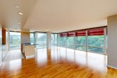 Located at 9739 Woods Drive in Skokie, IL, this expansive 3-bedroom, 3-bathroom residence offers a striking modern design defined by its dramatic floor-to-ceiling glass walls that flood every room with natural light and frame lush treetop and neighborhood views. The open-concept living and dining area is anchored by warm hardwood flooring, track and recessed lighting, and a wall of sliding glass panels that open to a balcony — creating a seamless indoor-outdoor connection. The kitchen features a center island with dark countertops and light wood cabinetry, integrated into the open living space. The generously sized primary bedroom includes plush carpeting, large windows, and an expansive walk-in closet with built-in shelving and rods offering ample storage. The primary bathroom is a standout, clad entirely in marble tile with a wide double-sink vanity, soaking tub, and full-wall mirror under recessed lighting. Secondary bedrooms are well-proportioned with carpet flooring and closets. Additional bathrooms include a sleek powder room with rich hardwood floors and stone accent wall. A dedicated laundry room and five total closets round out this thoughtfully designed home.